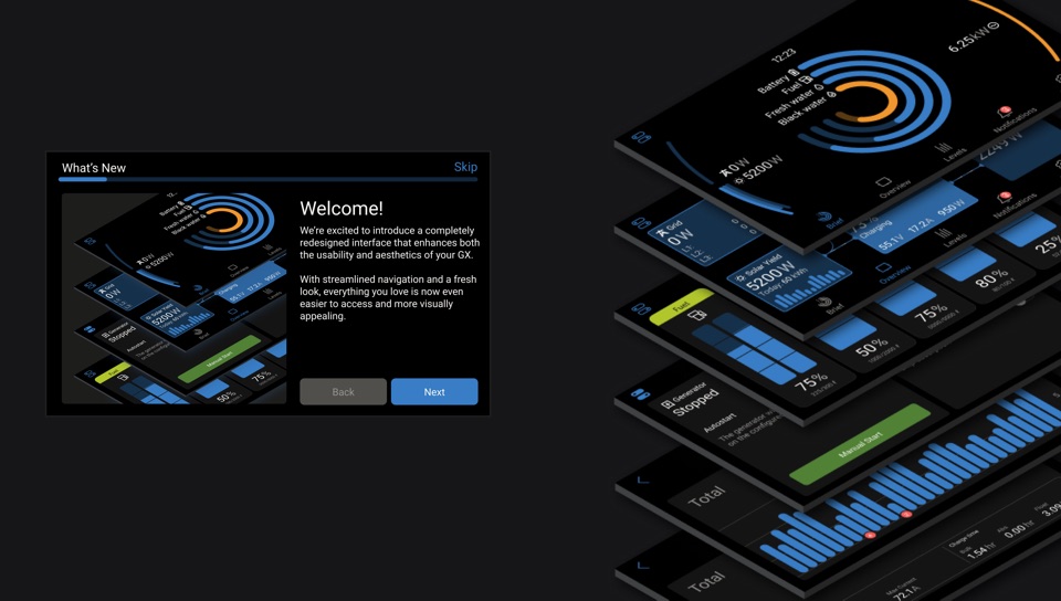 Onboarding and monitoring screens shown in perspective