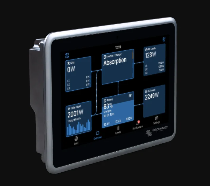 Ekrano GX showing the Overview screen with tiles for grid, solar yield, inverter charger, battery, AC loads and DC loads connected by flow lines