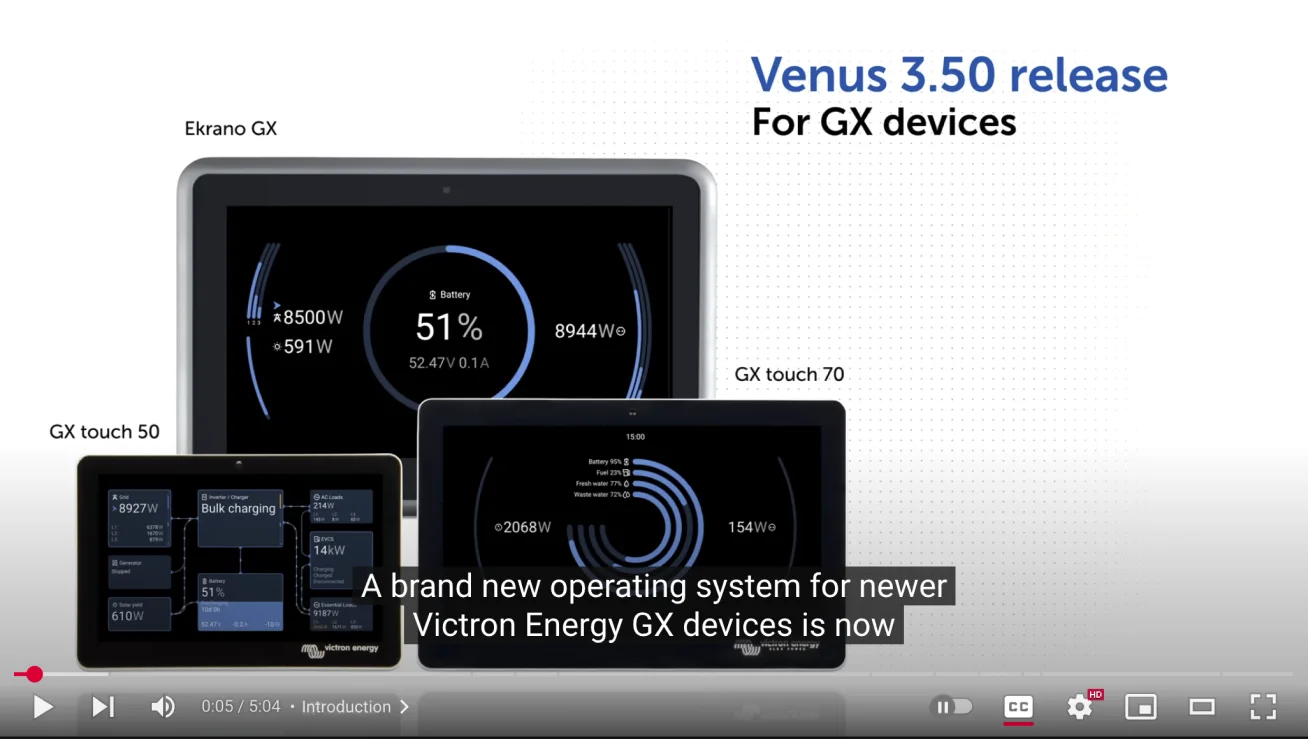 Still from the Venus OS 3.50 release video showing Ekrano GX, GX Touch 50 and GX Touch 70